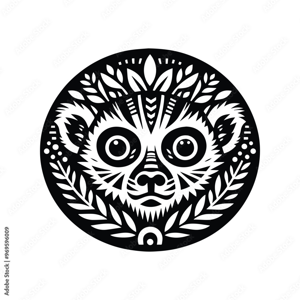 lemur monkey in folk art black and white silhouette illustration - lemur monkey in folk art black and white silhouette illustration -