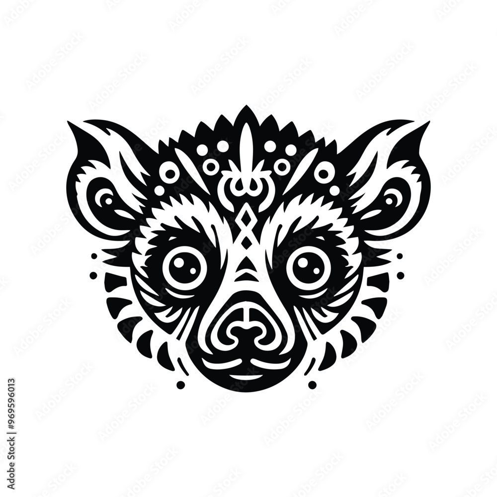 Obraz premium lemur monkey in folk art black and white silhouette illustration -