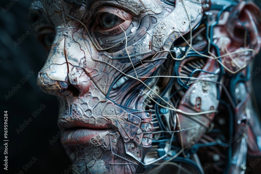 AI-generated image of human face anatomy integrated with digital circuitry, highlighting the blend AI-generated image of human face anatomy integrated with digital circuitry, highlighting the blend