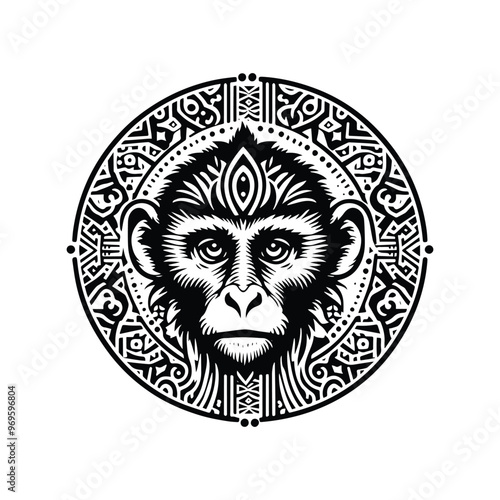 monkey in bohemian black and white silhouette illustration -