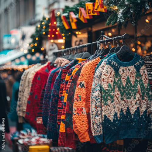 Wallpaper Mural A vibrant street market featuring racks of knitted sweaters, showcasing variety of colors and patterns. festive atmosphere is enhanced by twinkling lights and holiday decorations Torontodigital.ca