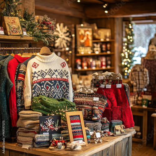 Stylish sweaters and cozy knitwear create warm winter boutique display, perfect for holiday shopping. inviting atmosphere is enhanced by festive decorations and soft lighting photo