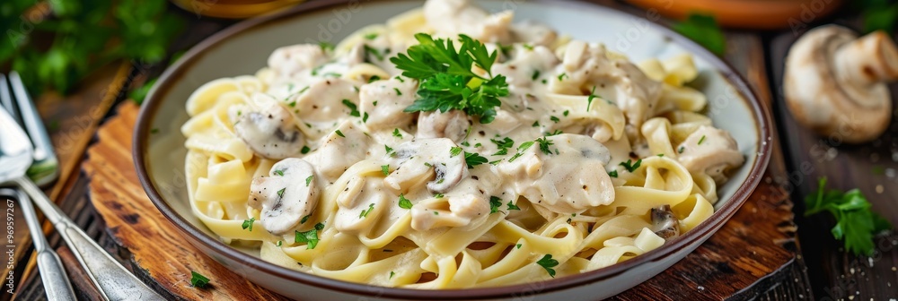 Creamy mushroom pasta chicken topped with cream sauce and parsley, elegantly served a wooden table Creamy mushroom pasta chicken topped with cream sauce and parsley, elegantly served a wooden table