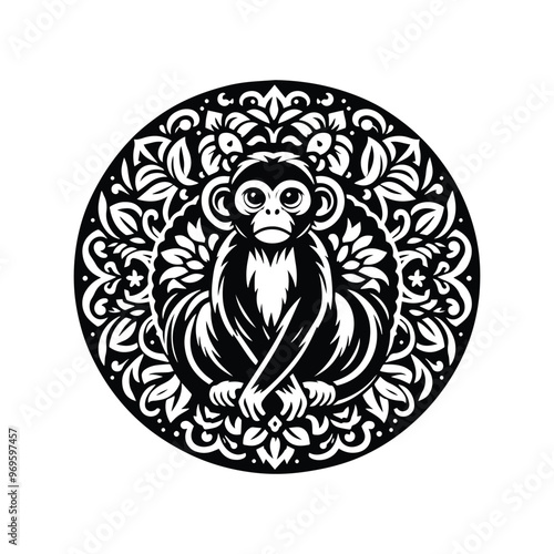 monkey in folk art black and white silhouette illustration -