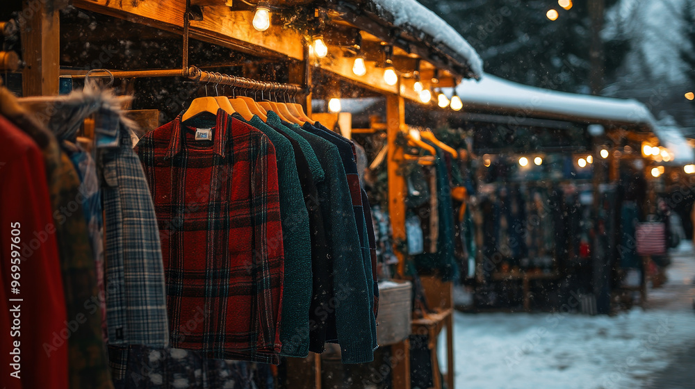 Obraz premium Cozy outdoor winter market featuring various trousers on sale racks, illuminated by warm lights amidst falling snow, creating festive atmosphere