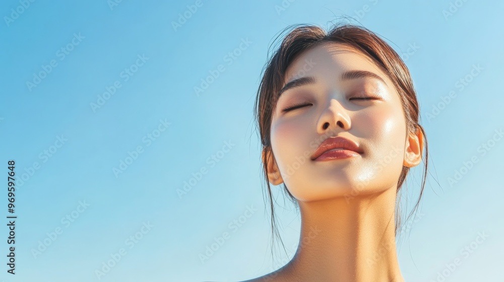 Woman With Eyes Closed Against Blue Sky.