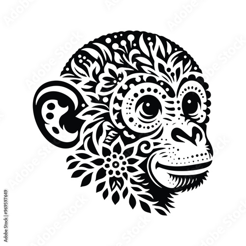 monkey in folk art black and white silhouette illustration -