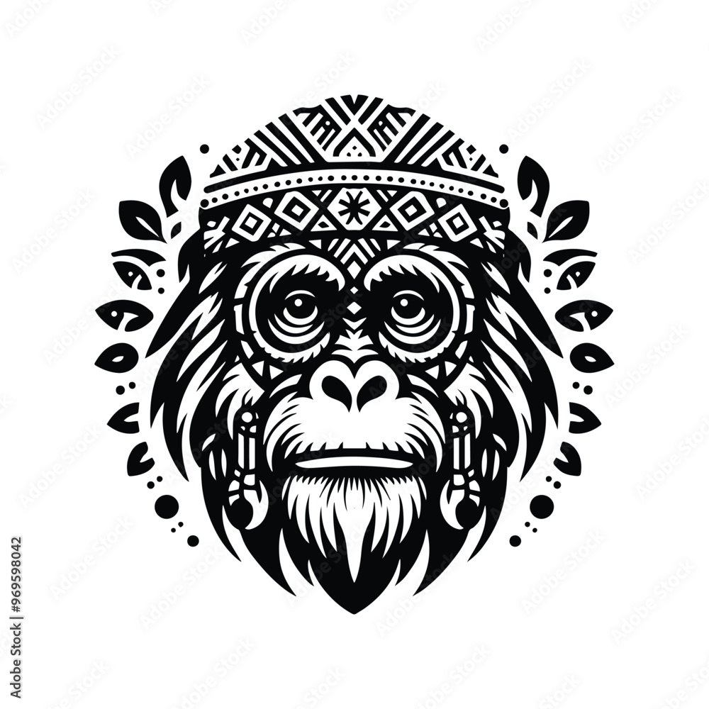 orangutan monkey in bohemian black and white silhouette illustration - orangutan monkey in bohemian black and white silhouette illustration -