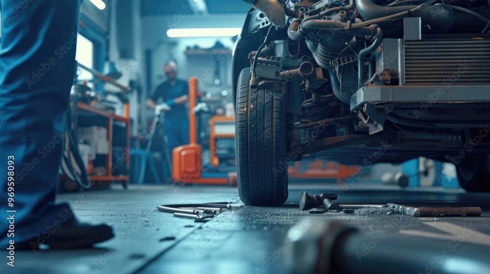 Fototapeta premium Detailed View of Car Engine Repair in Workshop