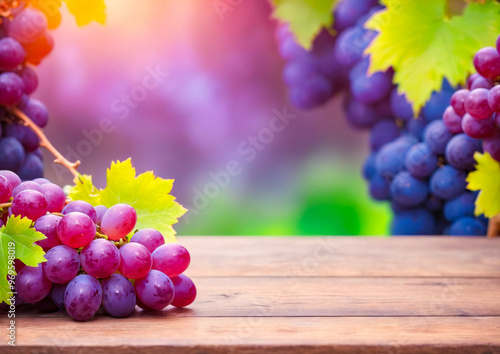 Fresh Red Grapes on Wooden Table with Blurred Vineyard Background.