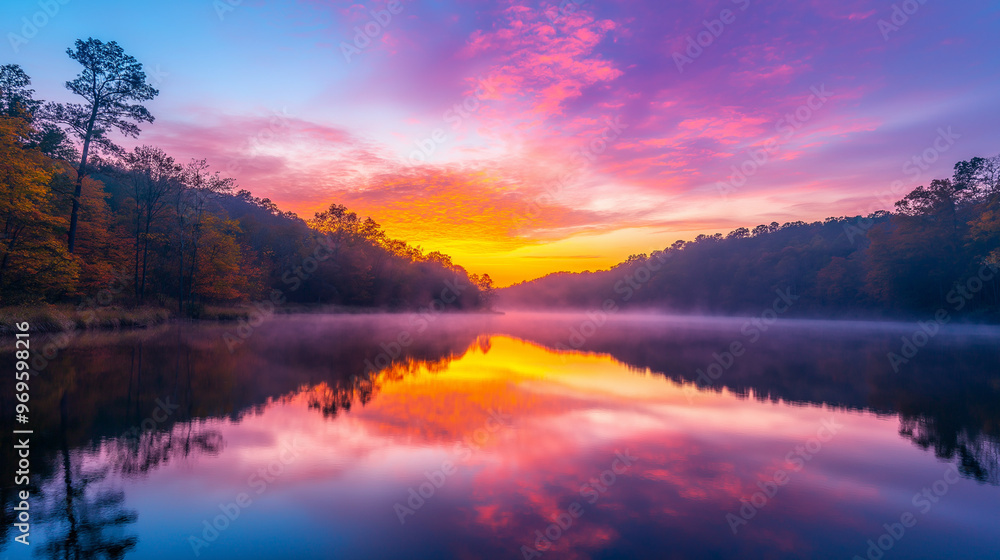 Fototapeta premium A Vibrant sunrise over a calm lake