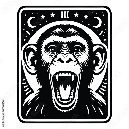 monkey in Tarot card black and white silhouette illustration -