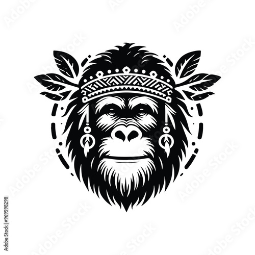 orangutan monkey in bohemian black and white silhouette illustration -