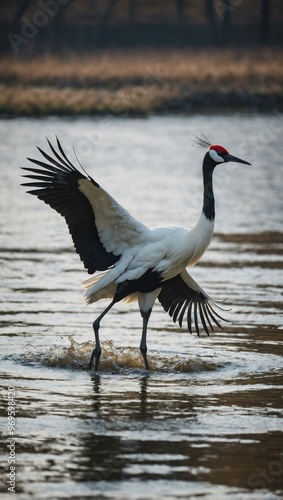 Red-crowned crane walking gracefully in shallow water.