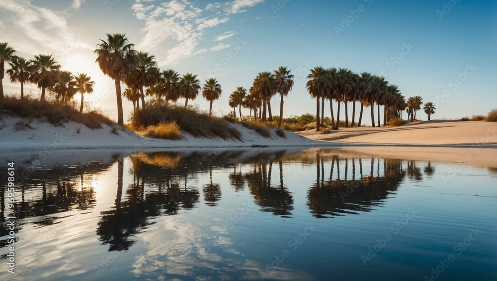 Fototapeta premium Reflective water with palm trees and sand dunes, creating a mirage effect.