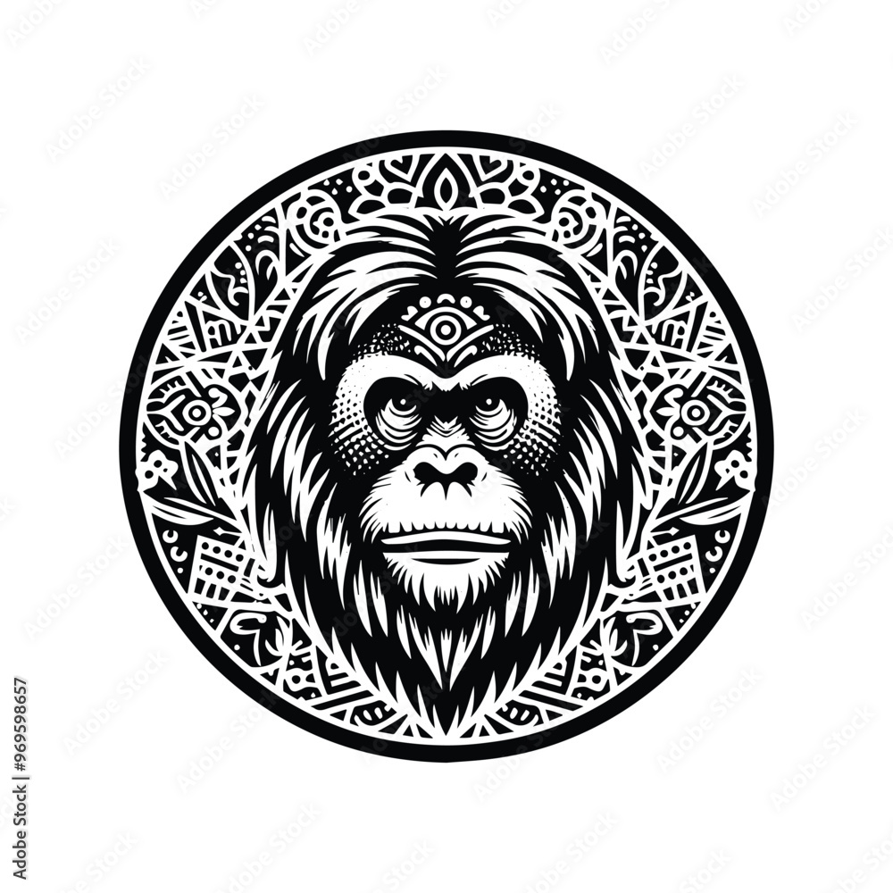 orangutan monkey in bohemian black and white silhouette illustration - orangutan monkey in bohemian black and white silhouette illustration -