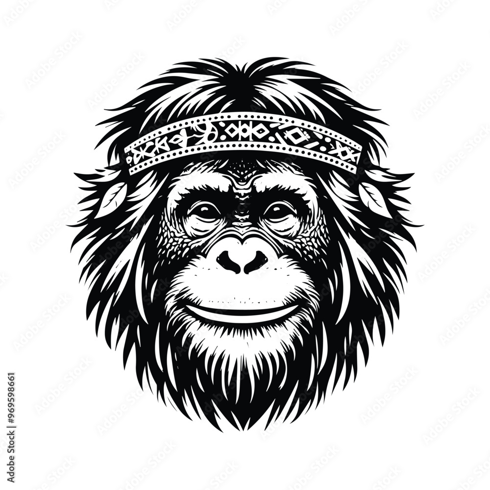 Fototapeta premium orangutan monkey in bohemian black and white silhouette illustration -