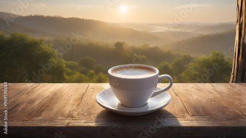 Ceramic coffee cup with a smooth, rounded rim, softly lit by the golden morning light