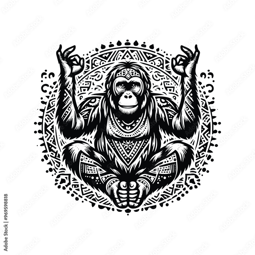 Fototapeta premium orangutan monkey in bohemian black and white silhouette illustration -