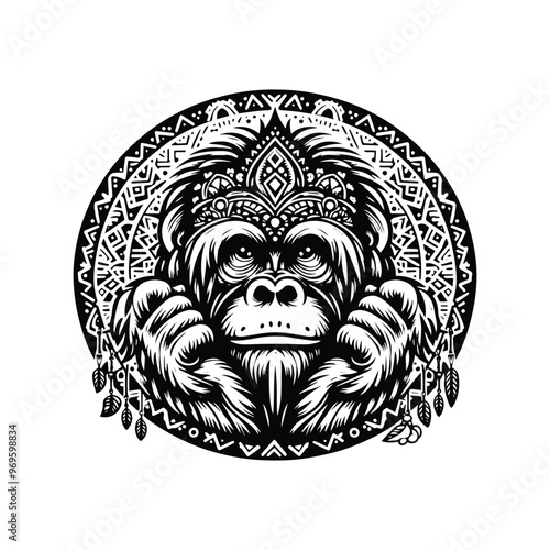 orangutan monkey in bohemian black and white silhouette illustration -
