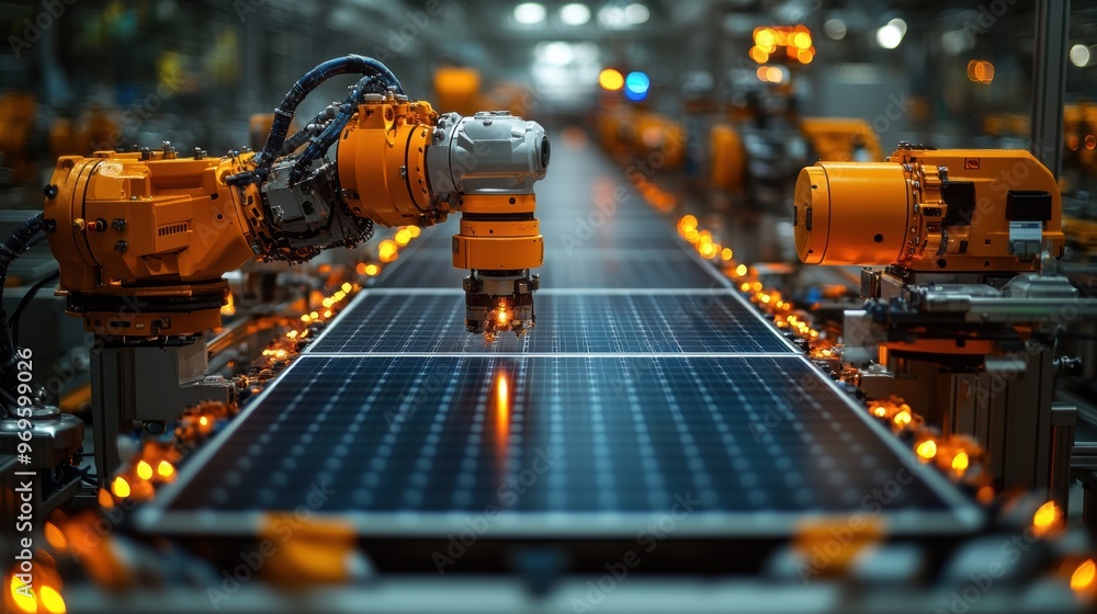 Robotic arms assembling solar panels in factory Robotic arms assembling solar panels in factory
