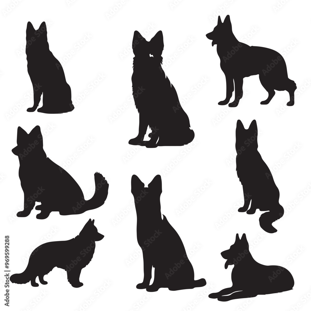 A set of German shepherd dog breed silhouette on white background A set of German shepherd dog breed silhouette on white background
