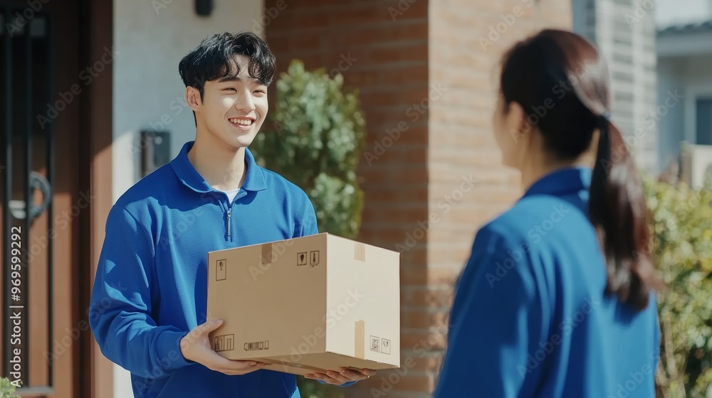 Delivery Person Delivering Package to Customer. Delivery Person Delivering Package to Customer.