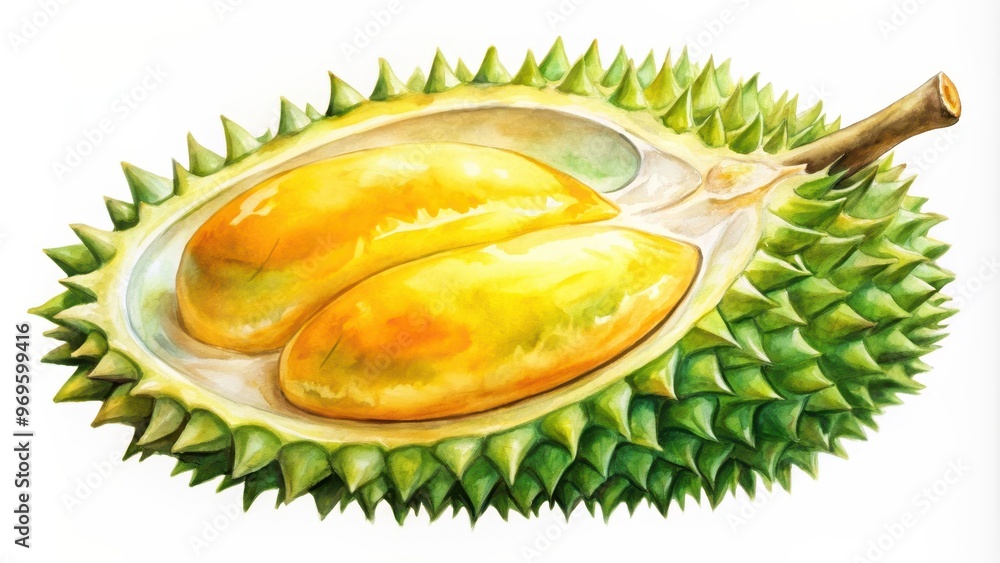 Vibrant watercolor of durian fruit with yellow flesh and spiky green rind, durian, fruit, tropical, exotic, food,watercolor Vibrant watercolor of durian fruit with yellow flesh and spiky green rind, durian, fruit, tropical, exotic, food,watercolor