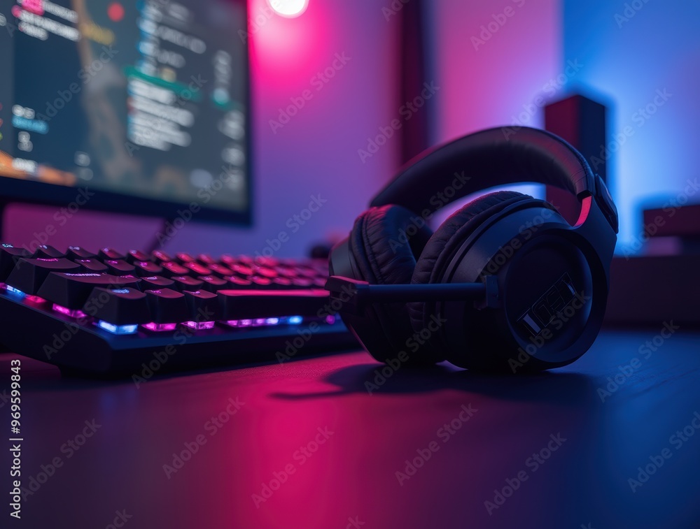 Gaming setup with headset and RGB keyboard Gaming setup with headset and RGB keyboard