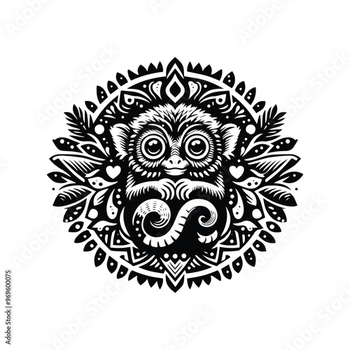 Tarsier monkey in bohemian black and white silhouette illustration -