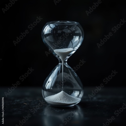 Hourglass with sand flowing on dark background