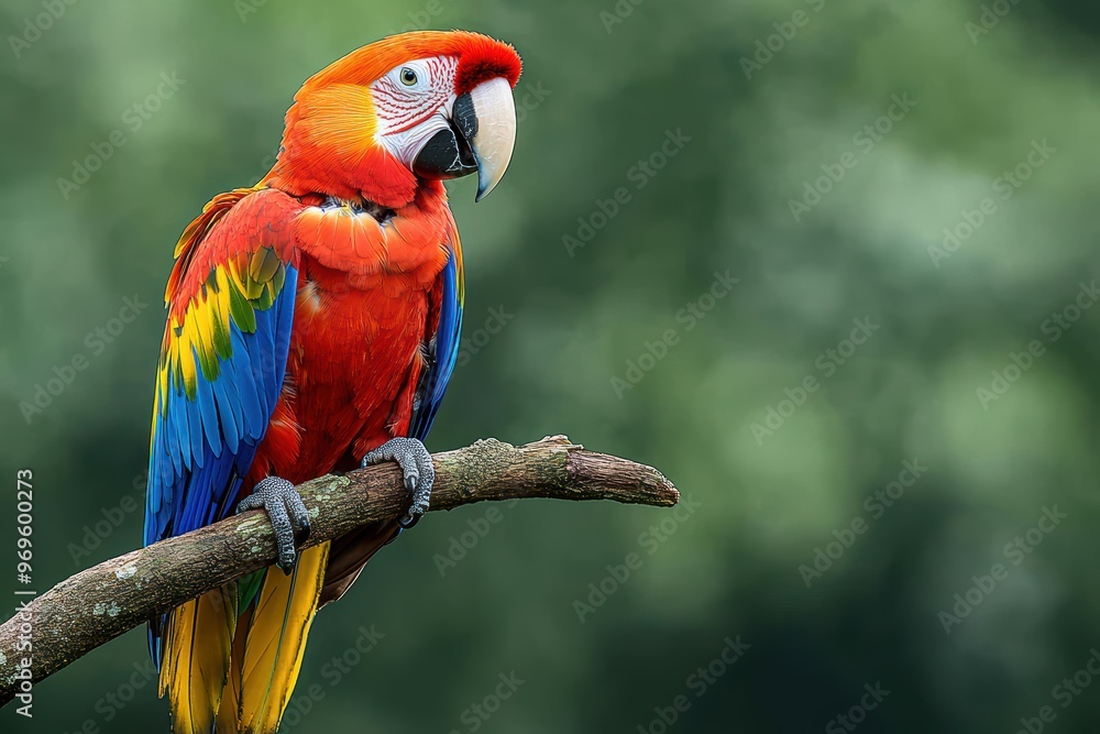 Fototapeta premium Vibrant scarlet macaw perched on tree branch