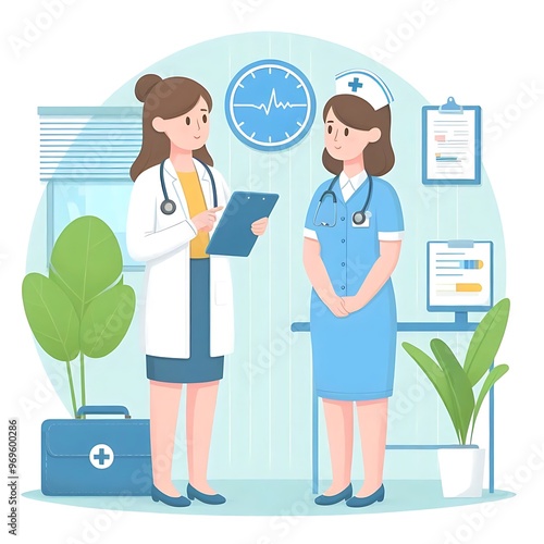 doctor and nurse disscusing flat design illustration isolated on white background photo