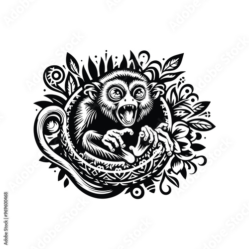 Tarsier monkey in folk art black and white silhouette illustration -