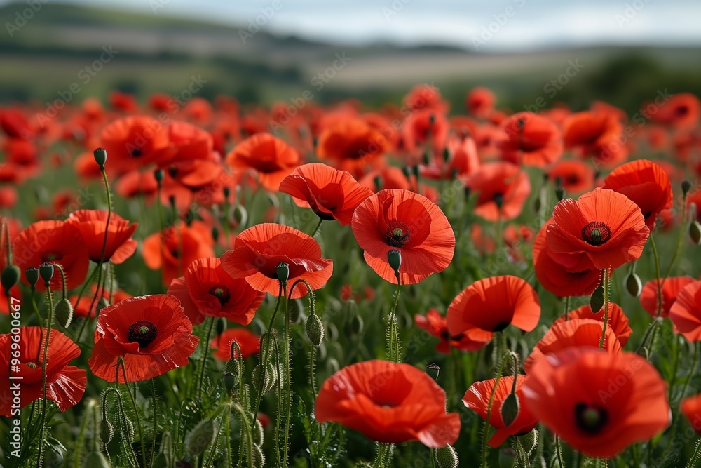 Naklejka premium Vibrant poppy flowers blooming in a lush green field during a sunny spring day in the countryside