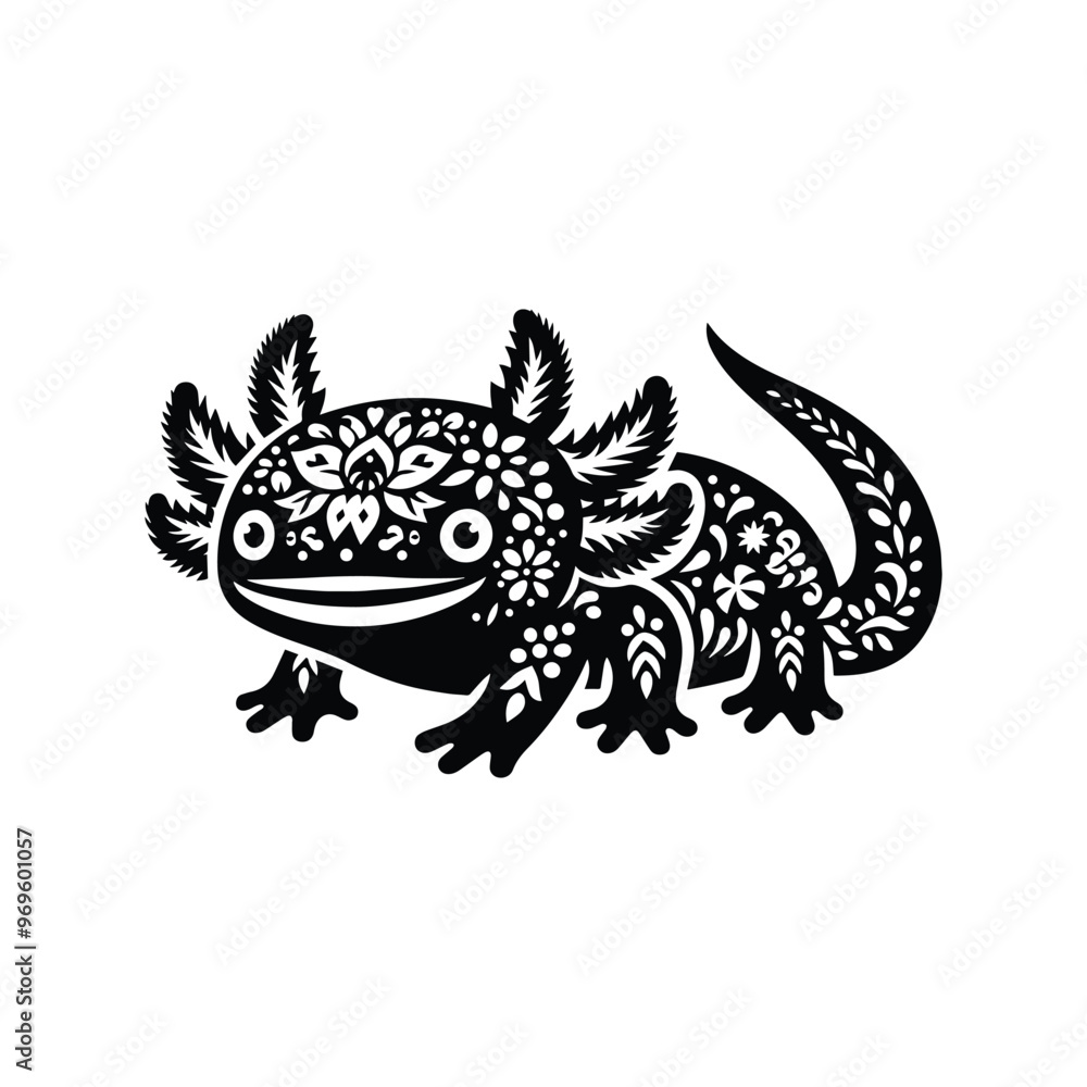 Axolotl in folk art black and white silhouette illustration - Axolotl in folk art black and white silhouette illustration -