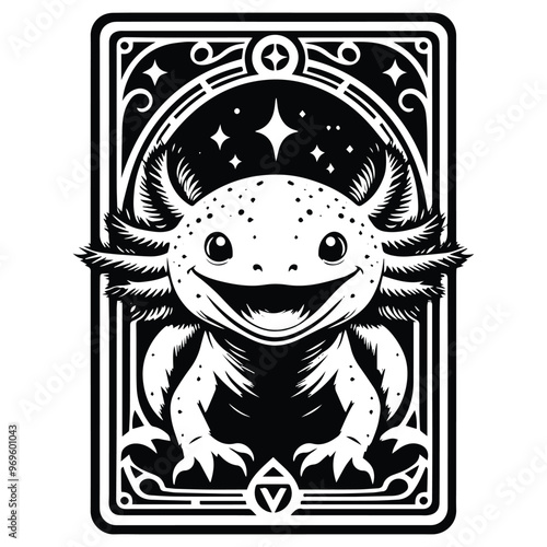 Axolotl in Tarot card black and white silhouette illustration -