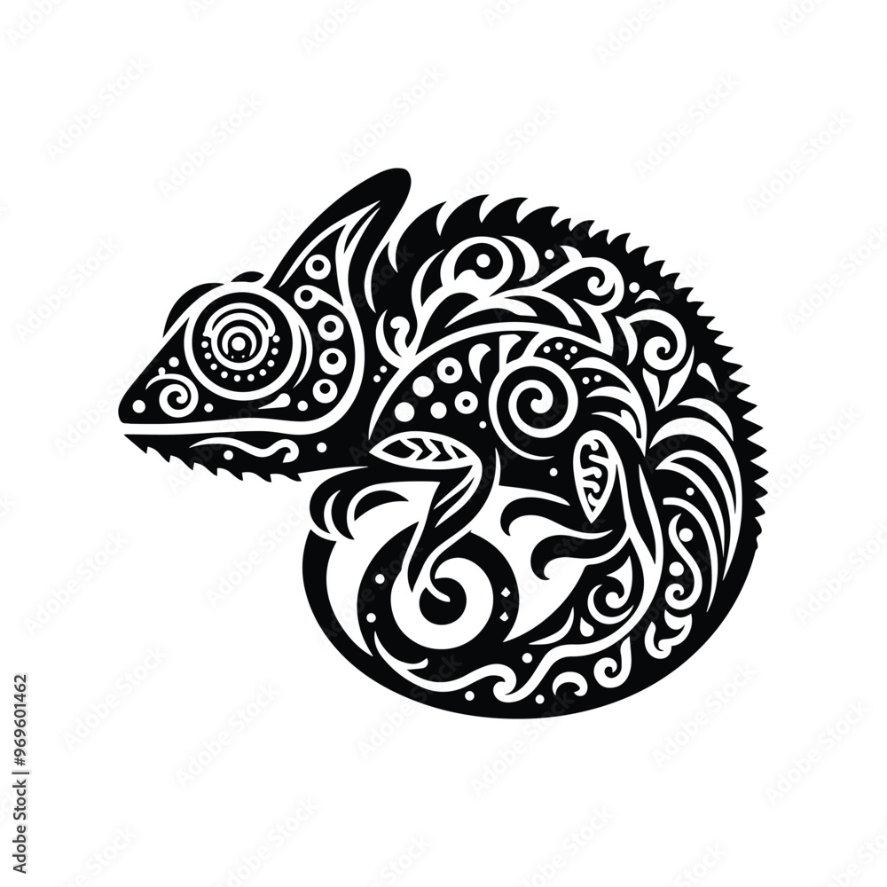 Chameleon in folk art black and white silhouette illustration - Chameleon in folk art black and white silhouette illustration -