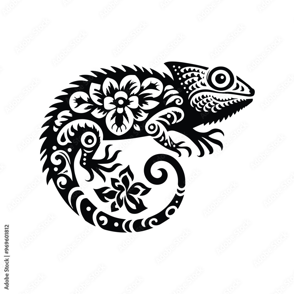 Chameleon in folk art black and white silhouette illustration - Chameleon in folk art black and white silhouette illustration -