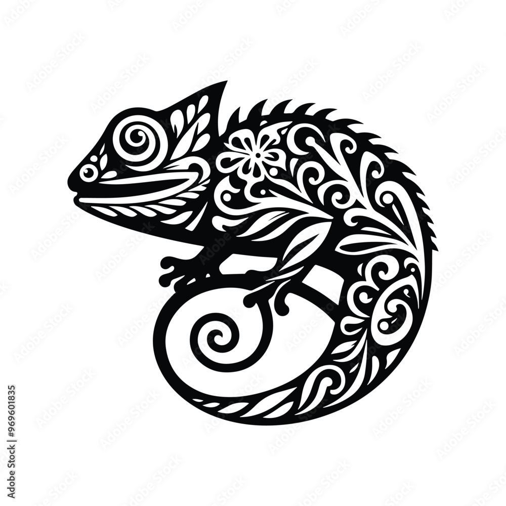 Chameleon in folk art black and white silhouette illustration - Chameleon in folk art black and white silhouette illustration -