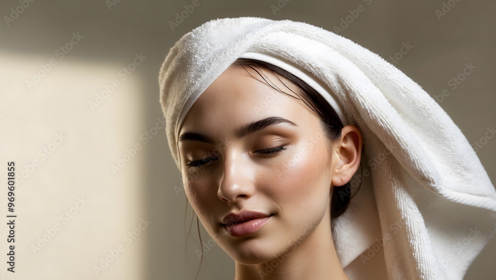 Fototapeta premium A calm young woman with a towel wrapped around her head, exuding relaxation and self-care vibes in a softly lit indoor space.