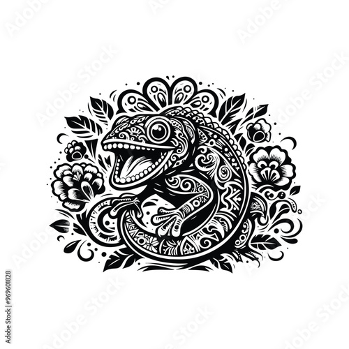 Wallpaper Mural Chameleon in folk art black and white silhouette illustration - Torontodigital.ca