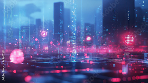 Modern City Digital Information Data Stream Overlay on Skyscrapers - Global Cyber Security - Red Blue Data Wide Background Banner