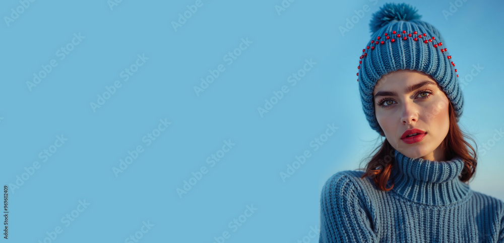 A woman in warm clothes on a blue background. A woman in warm clothes on a blue background.