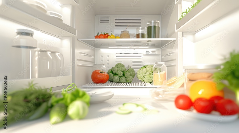 Brightly Lit White Fridge with Fresh Foods and Clean Surfaces Brightly Lit White Fridge with Fresh Foods and Clean Surfaces