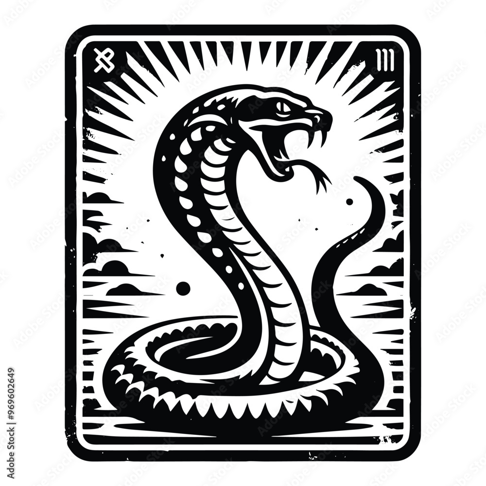 Fototapeta premium Cobra in Tarot card black and white silhouette illustration -