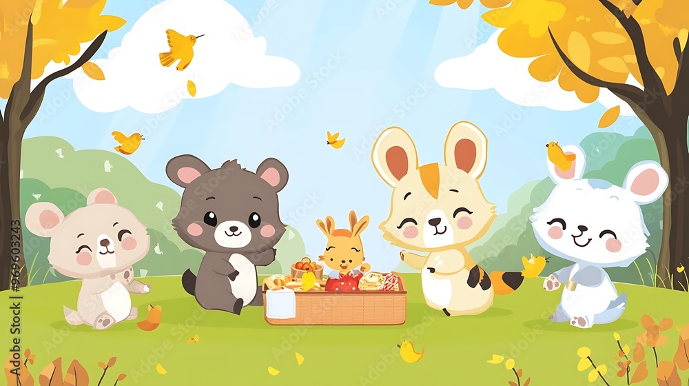 Naklejka premium Cute Animals Enjoying a Picnic in the Autumn Woods.