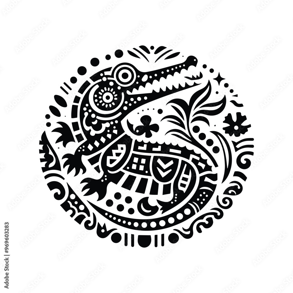 Crocodile in folk art black and white silhouette illustration - Crocodile in folk art black and white silhouette illustration -