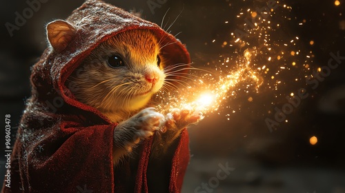 Ferret in a wizard s robe casting a glowing spell in a dark room, wizard ferret, magical pet costume photo