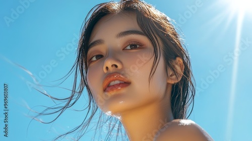 Beautiful Woman with Wet Hair in Sunlight.